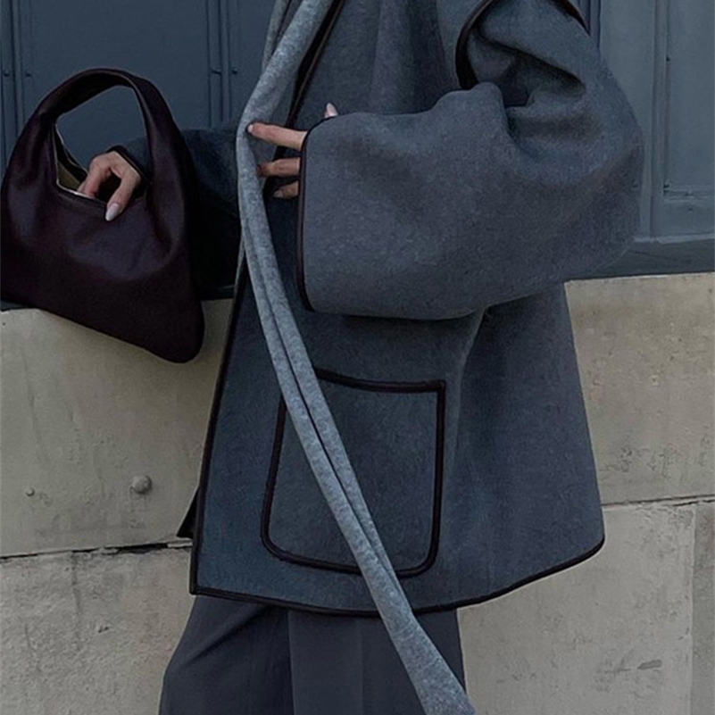 Vintage Grey Womens Coat with Belt Casual Loose Vneck Cardigan Jackets Fashion Windproof Women Coats Solid Color Jacket 240912
