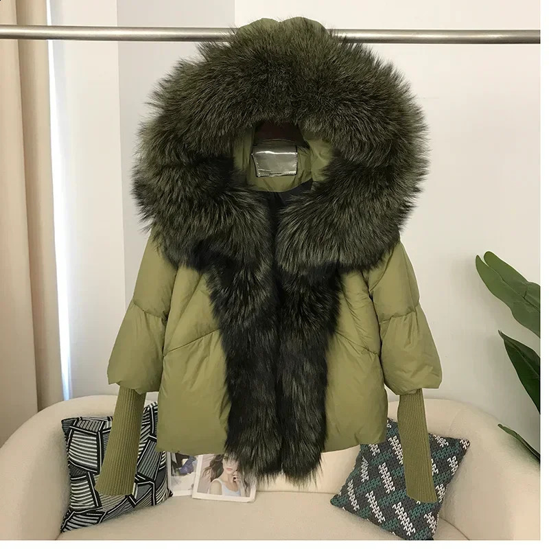 genuine fox fur collar hooded winter jacket for women natural thick and loose oversized duck down coat 240911