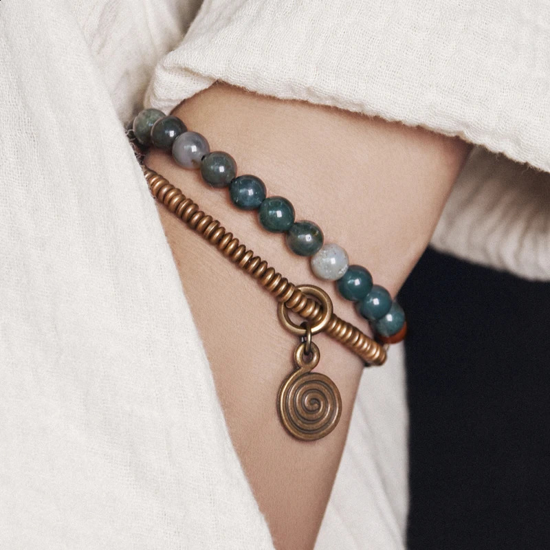 Small beads two rows of mossy stone chain bracelets green ocean grass hands Beatles copper charm jewelry womens amulets 240918
