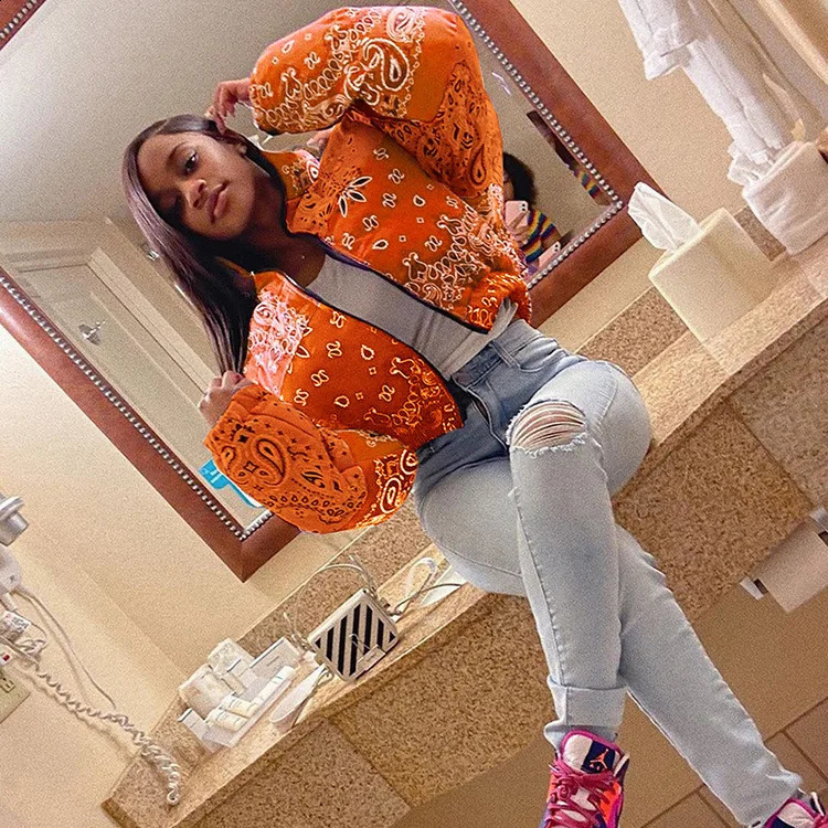 Y2k Casual Print Puffer Bandana Jacket Winter Coat for Women Warm Fashion Clothing Streetwear Crop Parka Puffer Bubble Coat 240913