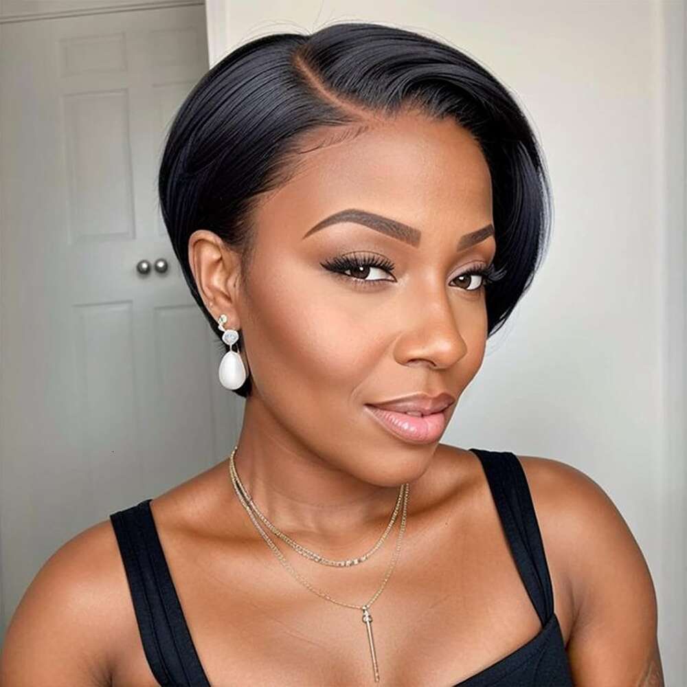 Short E Cut Front 13X4 Straight Lace Human Hair For Black Women Wear And Go Glueless Wigs 180%