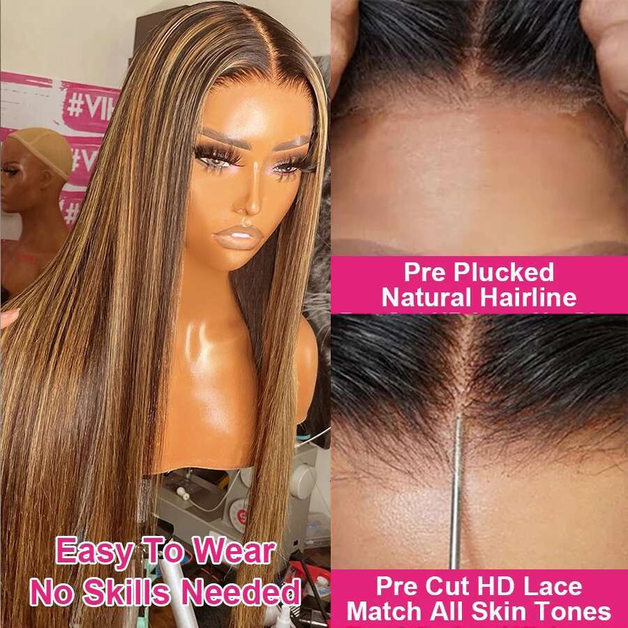 Highlight Glueless Wig Ready To Wear And Go Preplucked Straight 13X4 HD Lace Frontal Colored Human Hair Wigs On Sale