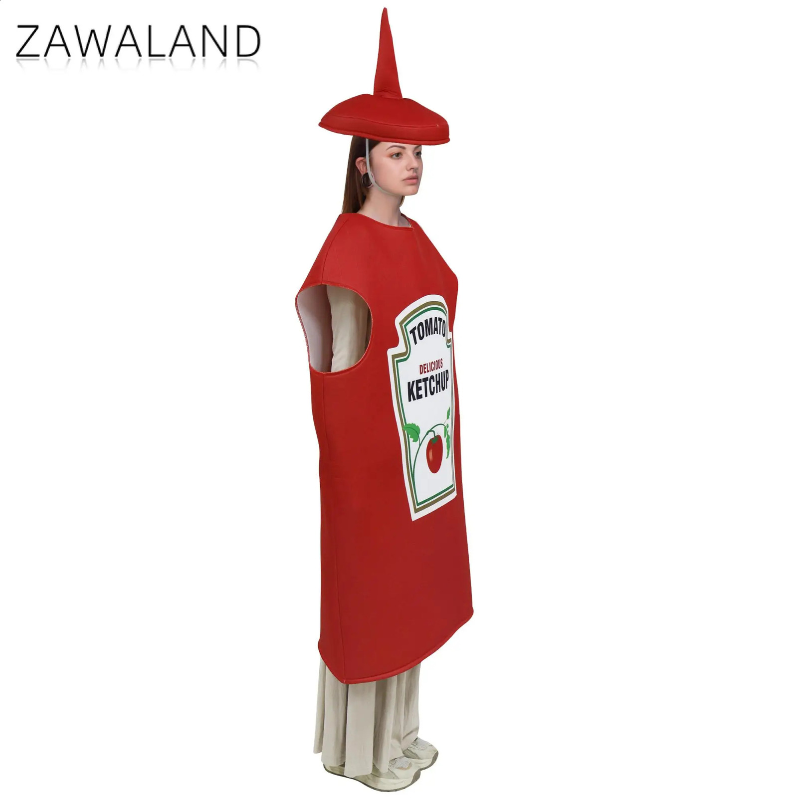 Zawaland Red Tomato Delicious Ketchup Costume Adult Boy Girl Funny Disguise Suit Yellow Mustard Halloween Cosplay Party Clothes 240906