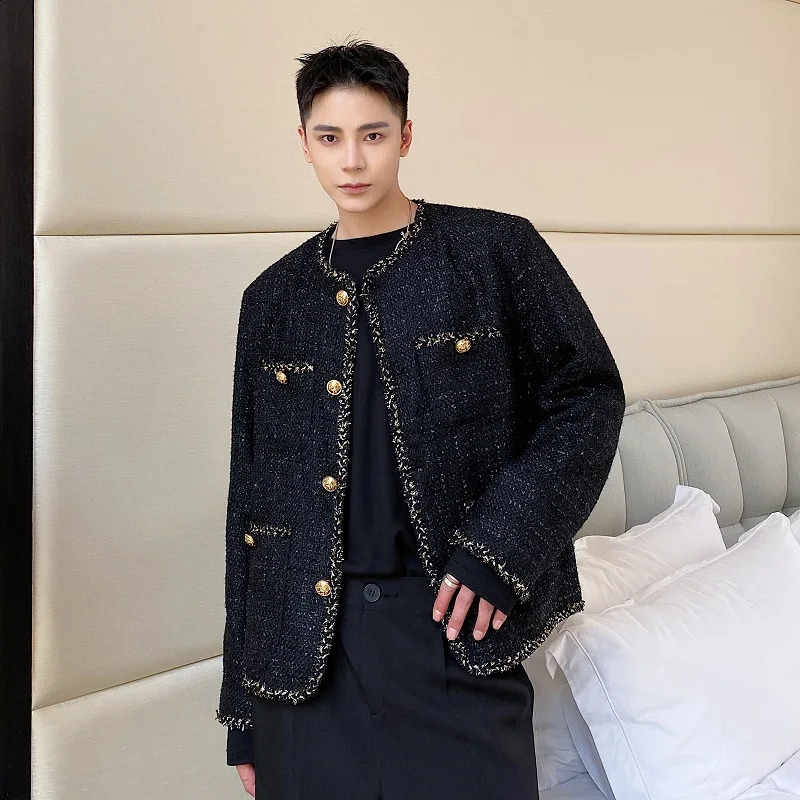 Korean Fashion Woven Tweed Suit Men Coat Round Neck Long Sleeve Single Breasted Male Jackets Casual Autumn Tops N19 240911