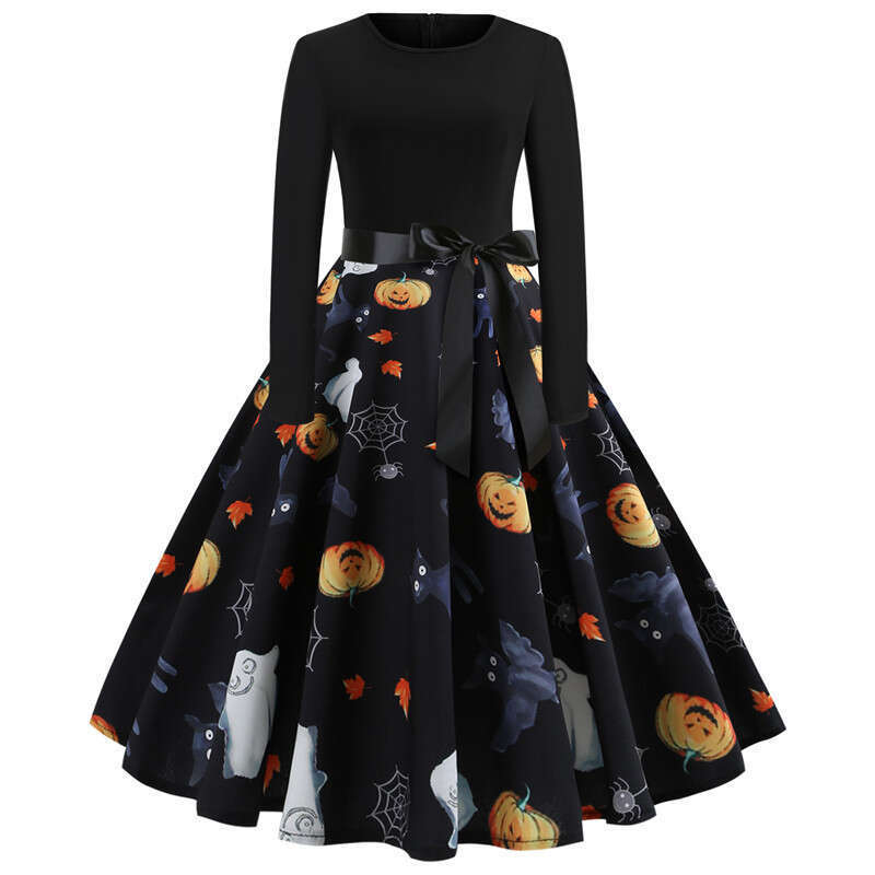 Hallowmas Printed Dress with Round Neck Sexy and Straight Volume Big Discount Chiffon Floral Dress Sexy Dress Self-cultivation Temperament Denim Dress