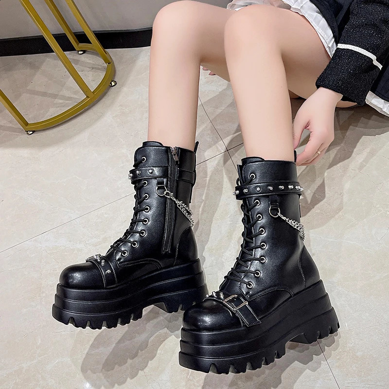 Platform Thick Gothic Boots Womens Buckle Autumn Shoes Womens Wedge Knee High Boots Punk Street Role Playing Botas Motorcycle Chain 240914