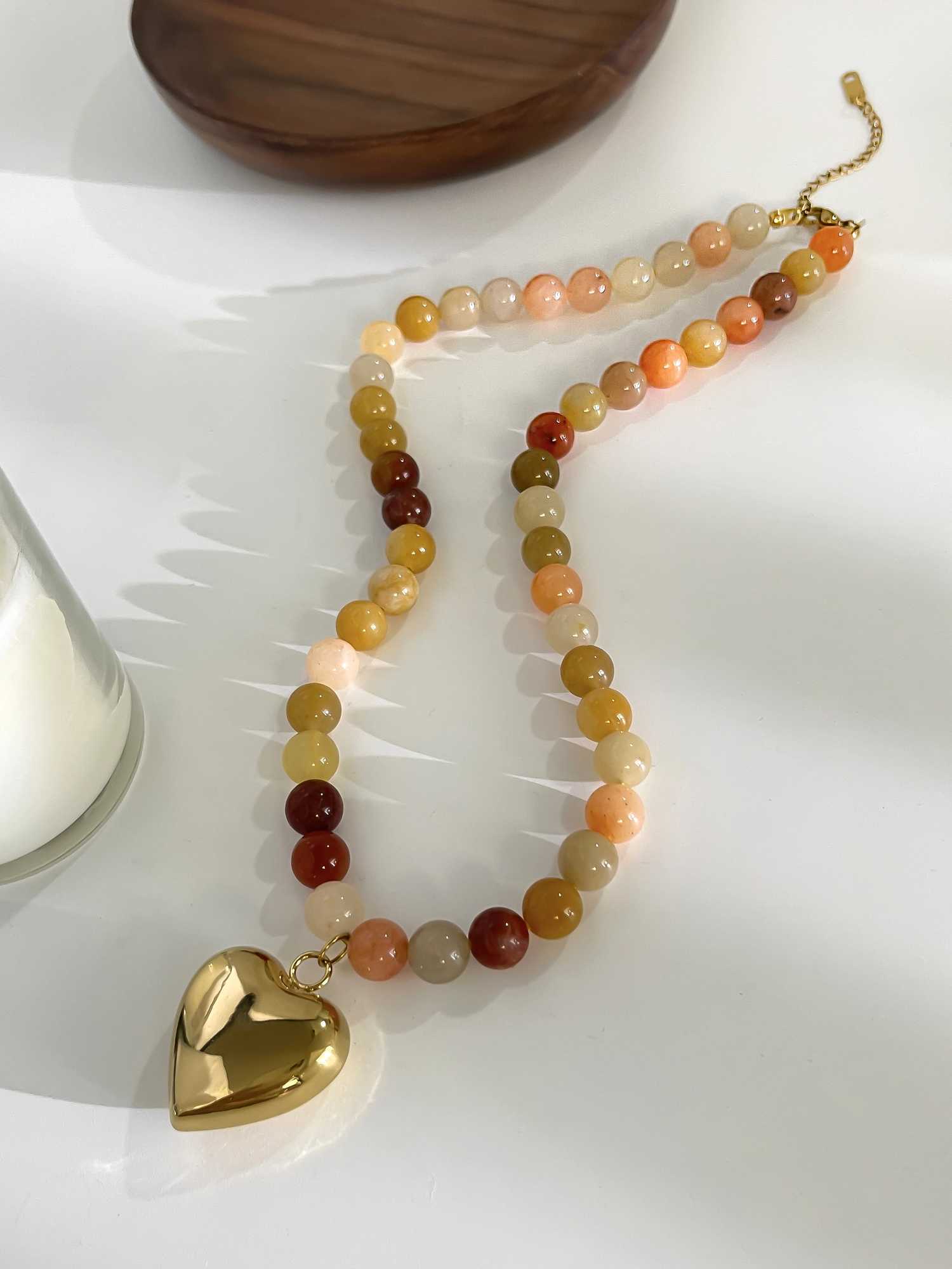 Perisbox Bohemian Multi Color Natural Stone Handmade Bead Chain Waterproof Fashion Gold Plated Heart Pendant Necklace W240918