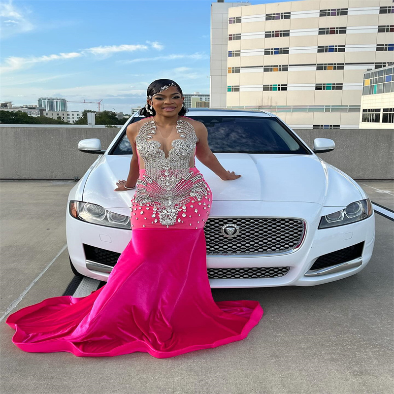 Elegant Fuchsia Prom Dresses 2025 Diamond Crystal Mermaid Evening Dress Black Women Velvet Birthday Party Gown Engagement Wear Formal Occasion Dress C