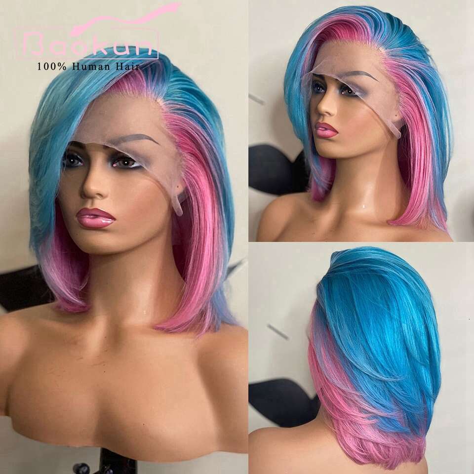 Side Part 13X6 Short Bob Front Pink Blue Highlight Wig Colored 360 HD Human Hair Lace Frontal Wigs