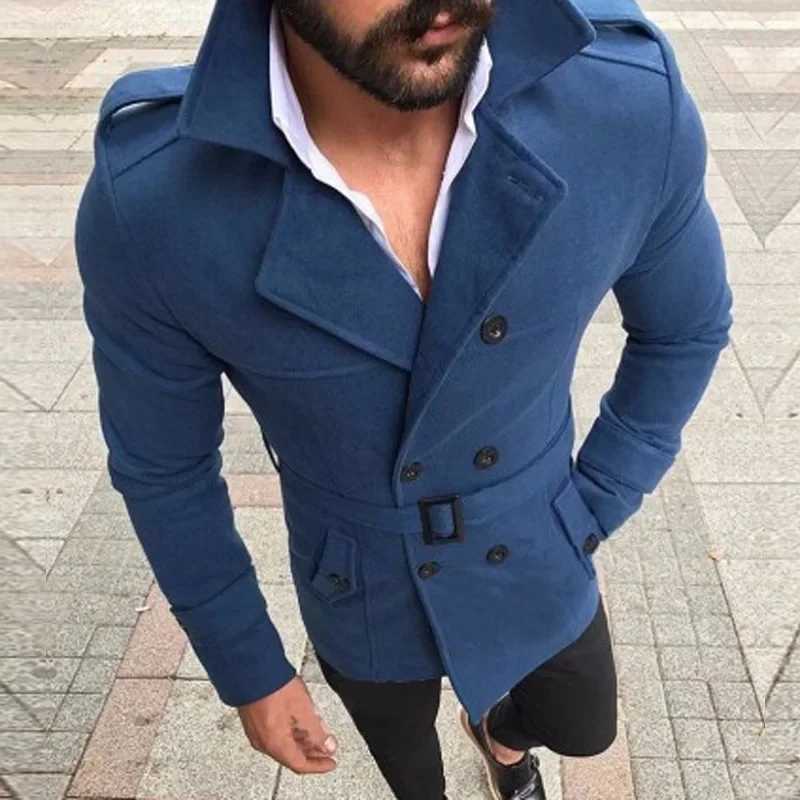Fashion Men Woolen Jackets Autumn Winter Lapel Double Button Windbreaker Trench Coat Belt Cold Resistance Mid-Long Overcoat Y240918