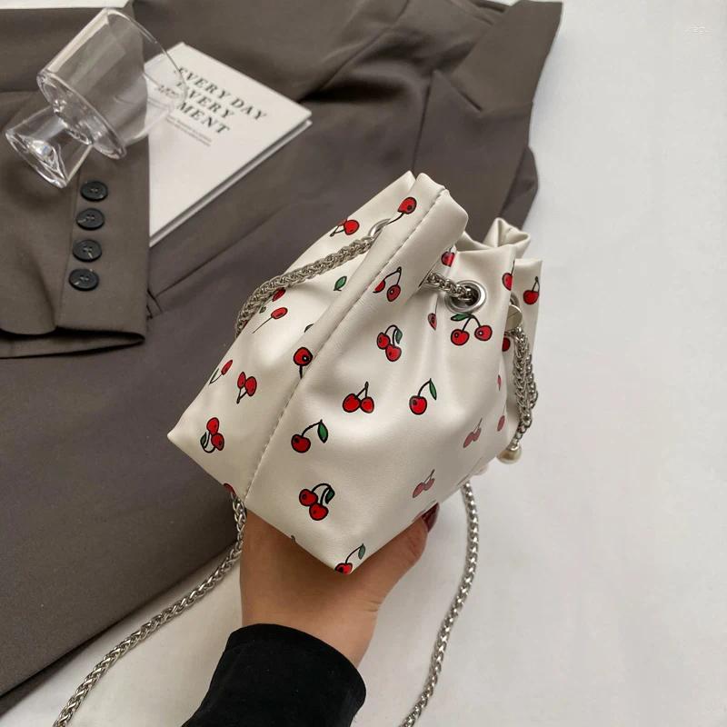 Drawstring Bucket Bags For Women Trend 2024 PU Leather Cherry Print Pearl Crossbady Purse And Handbags Chains Shoulder Strap Versatile Bag