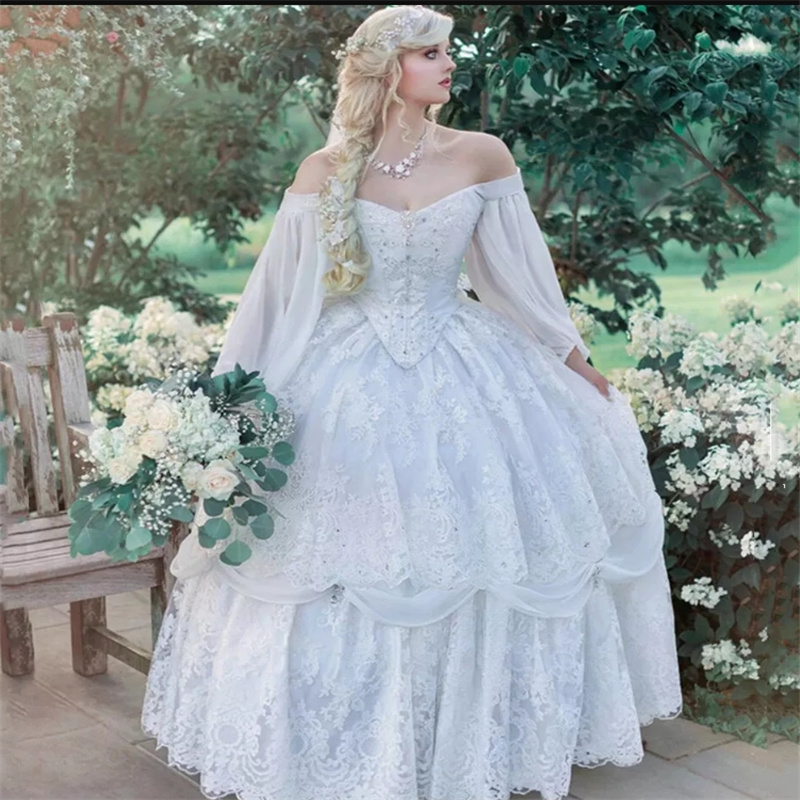 Wiccan Medieval Renaissance Wedding Dresses 2025 Off Shoulders Lace Country Bridal Dress Beaded Corset Queen Viking Elvish Bride Dress 1800s Gothic Ro