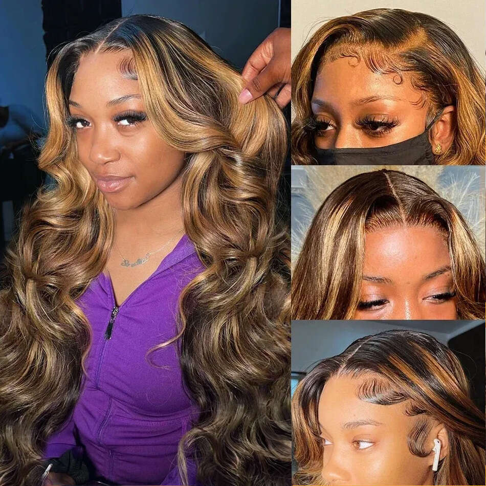 200% Colored Highlight Body 13X6 HD Front Human Hair Wigs 30 40 Inch Honey Blonde Water Wave 13X4 Lace Frontal Wig