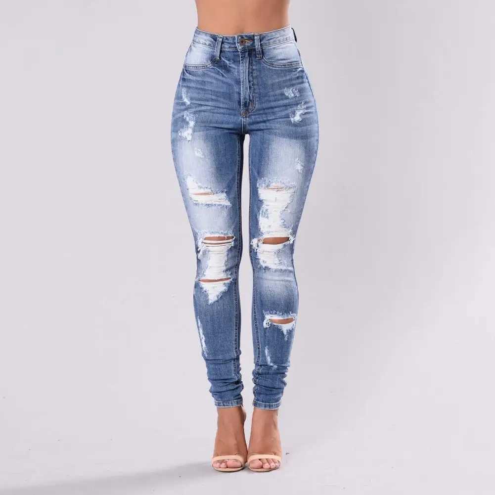 Winter Womens Trend Ripped High Waist Stretch Jeans Street Woman Stretchy Jeans Fashion Jeans Slim Pencil Pants Trousers M240914