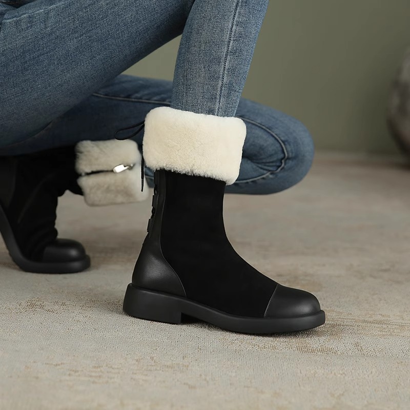 Soft leather and plush midsole snow 2024 winter new fur integrated thick soled short boots
