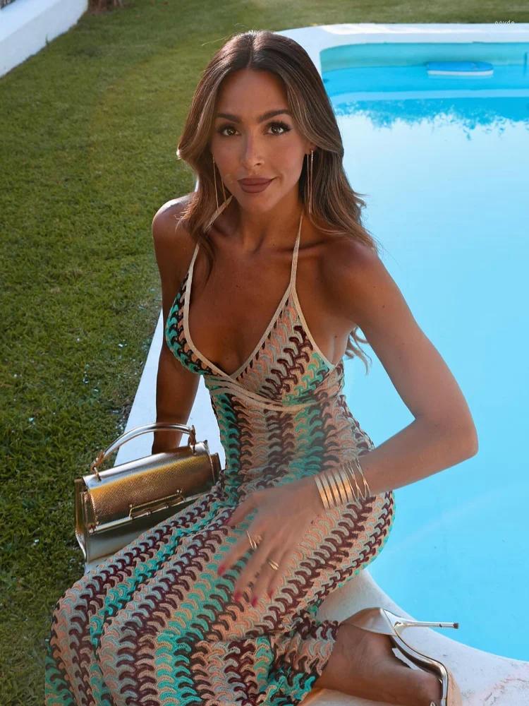 Crochet Halter Dress, Sexy Deep V-Neck, Backless, High Waist, Elegant, Sleeveless, Summer Party Dress