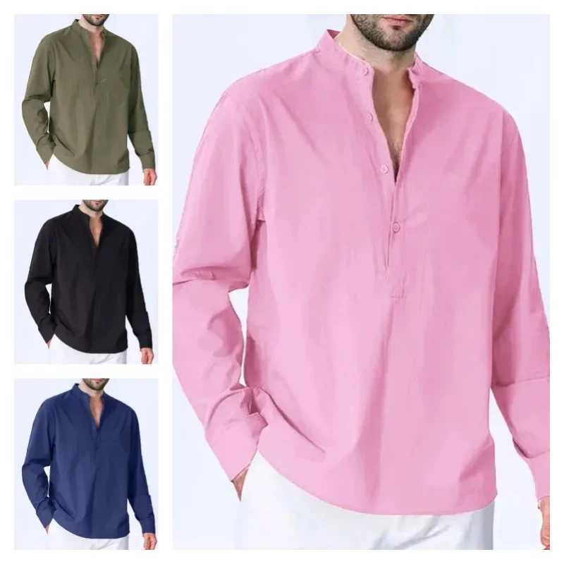 Hawaiian T-Shirts New Mens Cotton Linen Shirts for Men Casual Lightweight Shirts Long Sleeve Crew Henley Beach Shirts Z240918