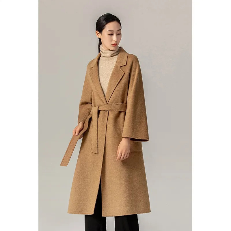 MAX Women Jacket Autumn Winter Labbro Bathrobe Water Ripple Double Faced Wool Coat Lace Up Woolen Long Coat Women 240909