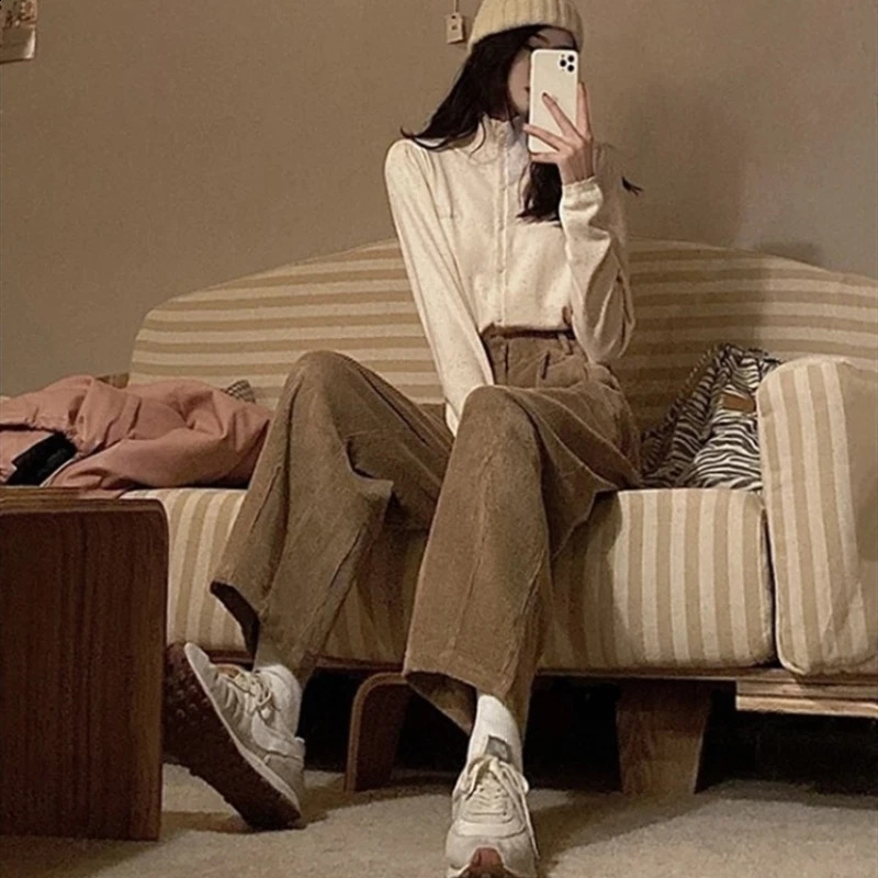 Autumn pants womens wide leg Corduroy retro loose sweet Ulzzang Harajuku College fashionable solid Trouser casual simple 240914