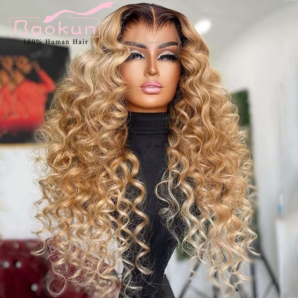 13X4 Ash Deep Curly Human Hair Wigs Ombre Honey Blonde Front Pre Plucked Transparent 13X6 HD Lace Frontal Wig