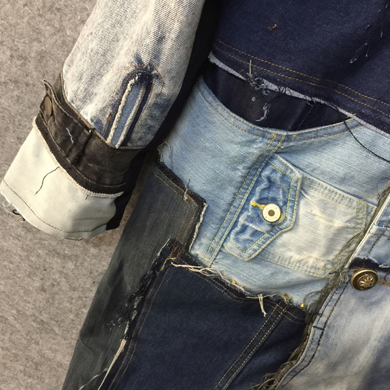 PFHQ Autumn Men's Patchwork Denim Worn Out Deconstruction Trench Coat Avant-Garde Double Breasted Techwear Windbreaker 21Z1042