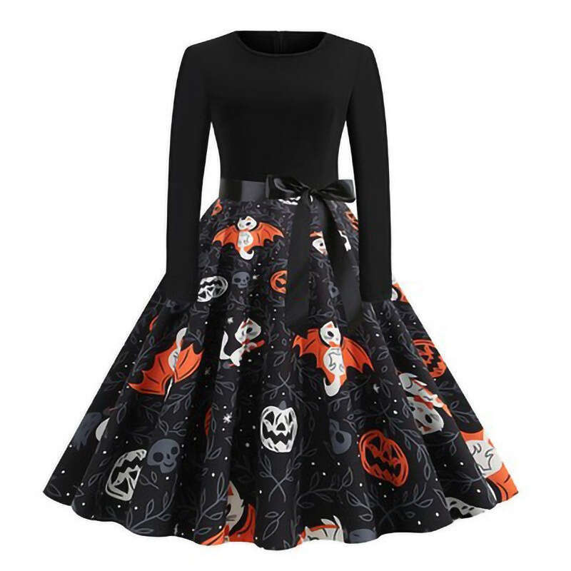 Hallowmas Printed Dress with Round Neck Sexy and Straight Volume Big Discount Chiffon Floral Dress Sexy Dress Self-cultivation Temperament Denim Dress