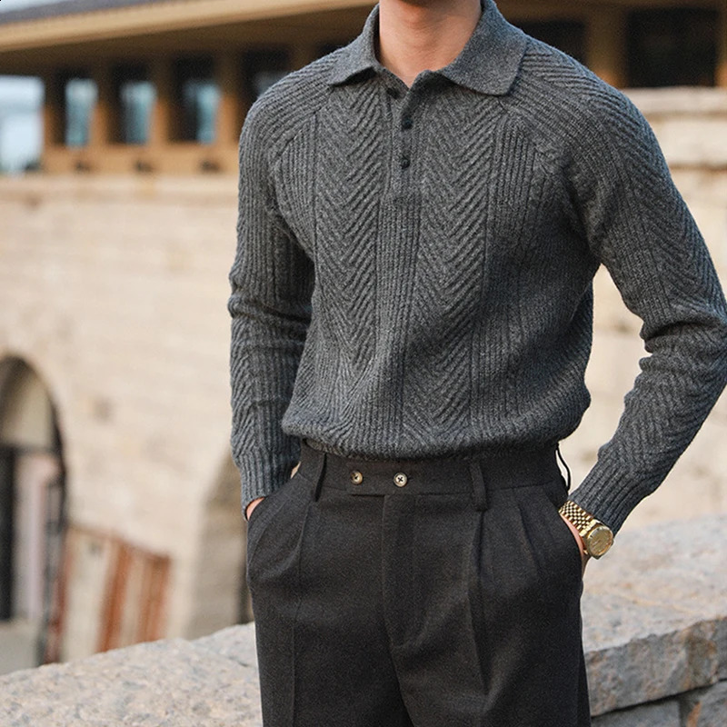 Fashionable Textured Knitted Sweater Mens Polo Shirts Long Sleeve Turn-down Collar Zipper Jumper Tops Autumn Men Knit Clothing