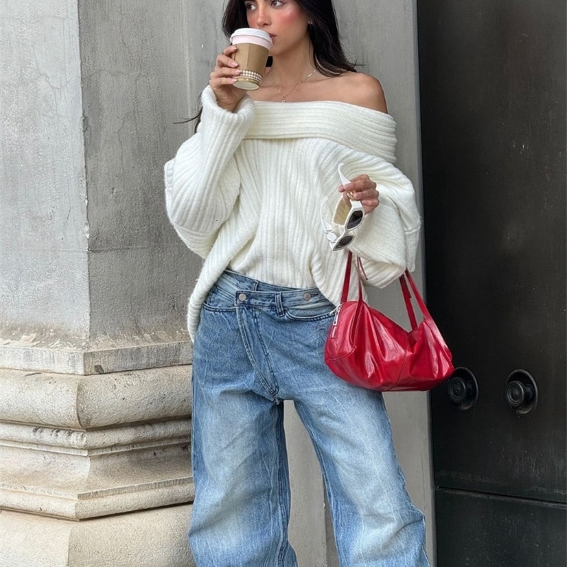 2024 Women Fashion Off Shoulder Solid Pullover Extended Elongated Sleeves Ultra Soft lady Knitted Sweater Chic Autumn Streetwear 240911