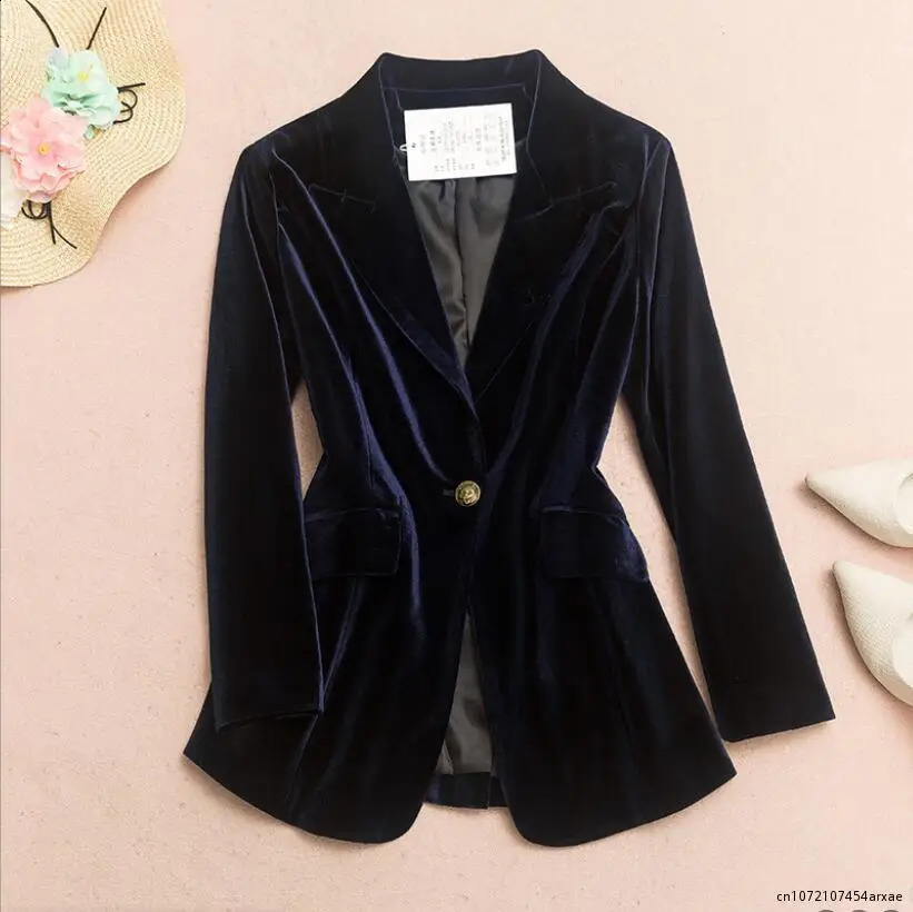 Womens Autumn Winter Long Blazer Office Ladies Slim Suit Jacket Velvet Female V Neck Single Button Solid Casual Outwear 240913