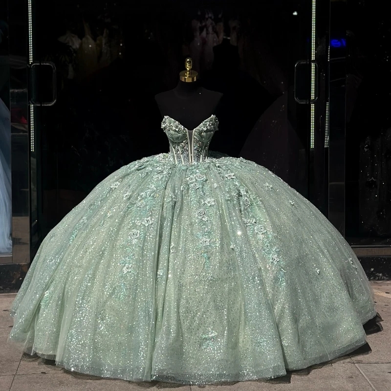 Mexico Green V-Neck Ball Gown Quinceanera Dresses For Girls Beaded Appliques Lace Tull Birthday Party Gowns Swee 16 Dress Vestidos De 15 Anos