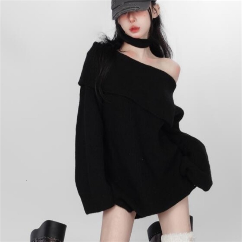 Deeptown Kpop Black Knit Halter Sweater Women Off Shoulder Sexy Y2K Long Sleeve Pullovers Jumpers Female Lazy Wind Gyaru 240911