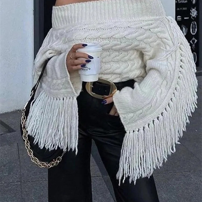Tassels Solid Women Sweater Off Shoulder Knitted Female Pullover 2024 Autumn Elegant Casual Loose Long Sleeves Lady Sweaters 240911