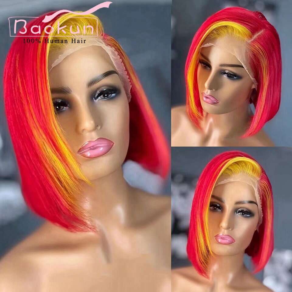 13X4 Highlight Bob Front Red Yellow Transparent 13X6 HD Lace Frontal Wig Short Straight Human Hair Wigs