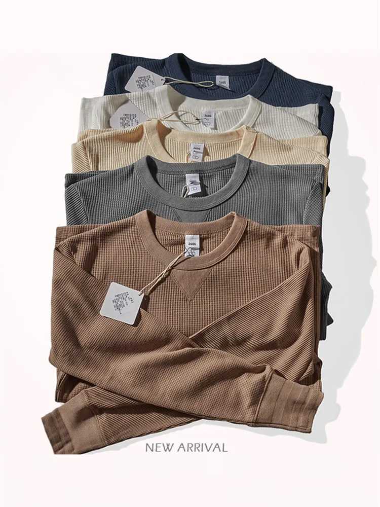 Autumn and Winter New American Retro Long Sleeve O-neck 260g Waffle Knitted T-shirt Mens Fashion Simple Casual Bottoming Tops Z240918