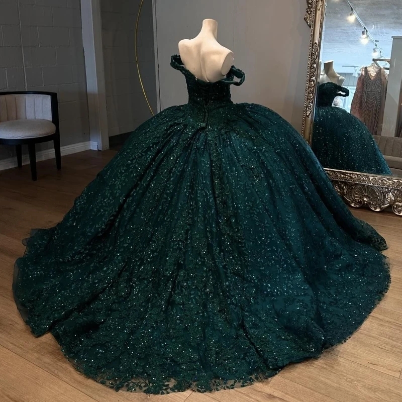 Blackish Green Mexican Quinceanera Dressess Luxury Sequin Applique Lace Beads Crystal Tull vestido 15 De Corset Lace Up Sweet 16 Dress