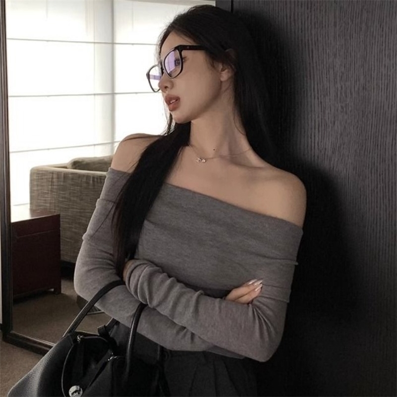 Slash Neck Pullovers Women Short Knitted Thin Slim Defined Waist Basic All-match Sexy Elegant Off Shoulder Autumn Winter Female 240911