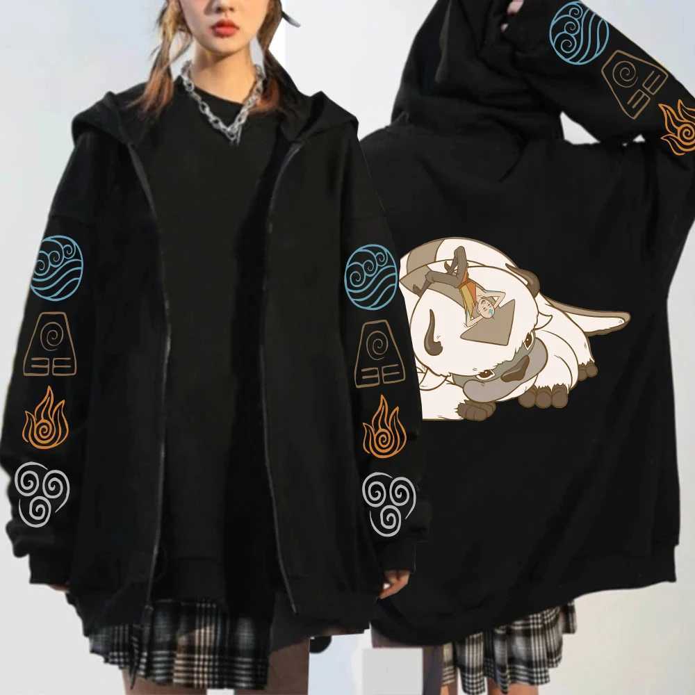 Avatar The Last Airbender Appa Zipper Hoodies Kawaii Cartoon Unisex Streetwear Harajuku Warm Oversized Black zip up Jacket coatX240918