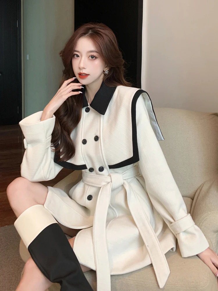 Womens casual lace double chest high waist short dress autumn high-end feeling patch work polo neck dress 240914