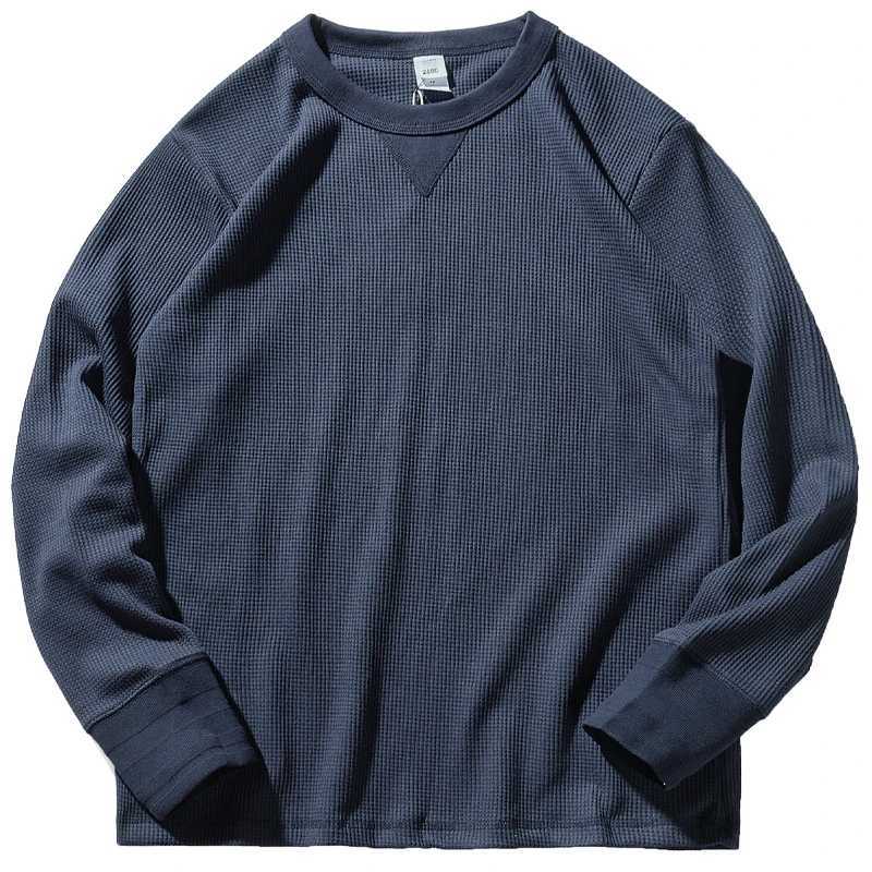 Autumn and Winter New American Retro Long Sleeve O-neck 260g Waffle Knitted T-shirt Mens Fashion Simple Casual Bottoming Tops Z240918