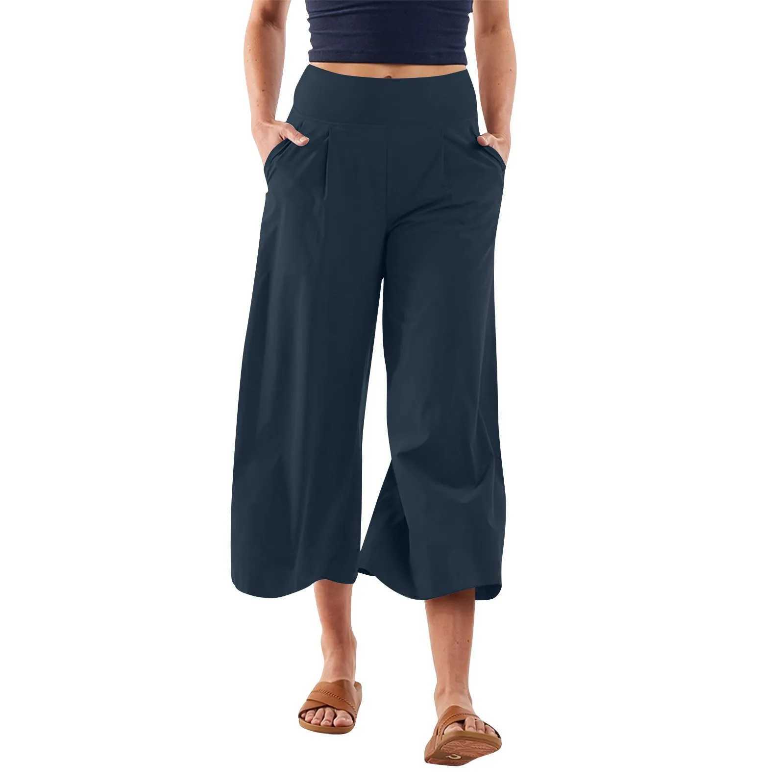 Womens Summer High Waisted Pants Casual Wide Leg Yoga Pants Loose Soft Cropped Culottes Gaucho Pants M240918