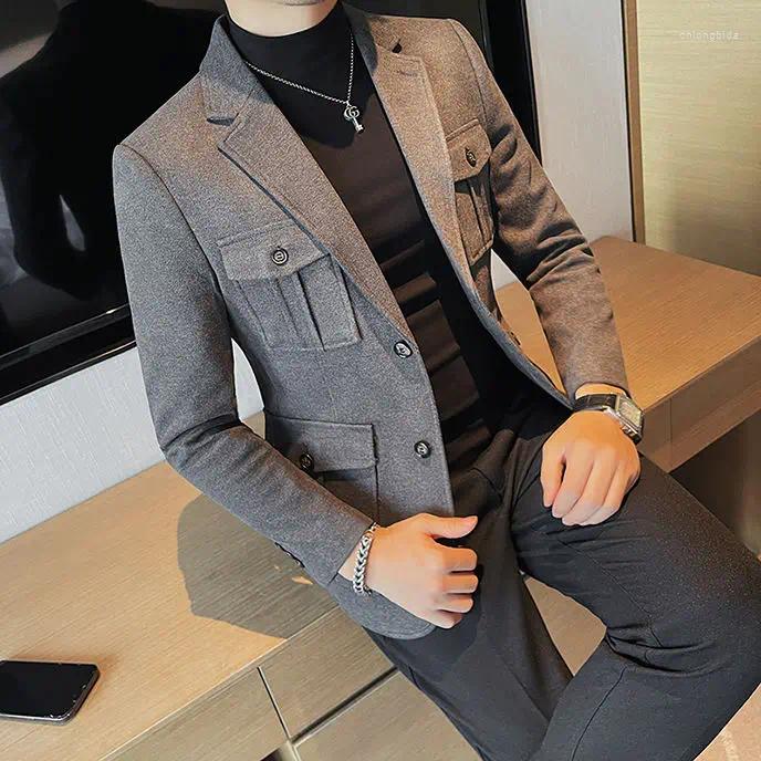 Mens Suits Tweed Suit Jackets Single Breasted Male Blazer Gray Fashion Menswear Coat Korean Style Clothes Casual