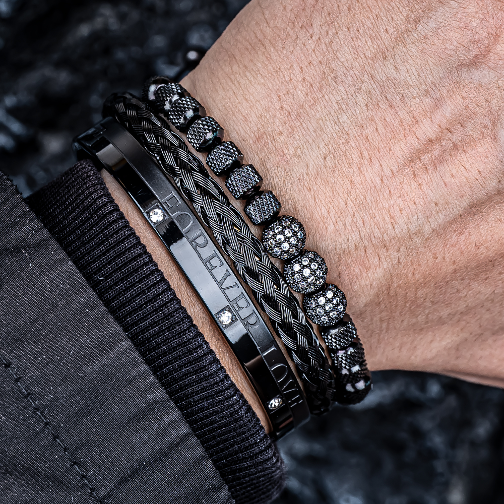 3pcs/set Men Bracelets Luxury Micro Pave CZ Round Beads Royal Charm Men Link Bracelets Stainless Steel Crystals Bangles Couple Handmade Jewelry Gift