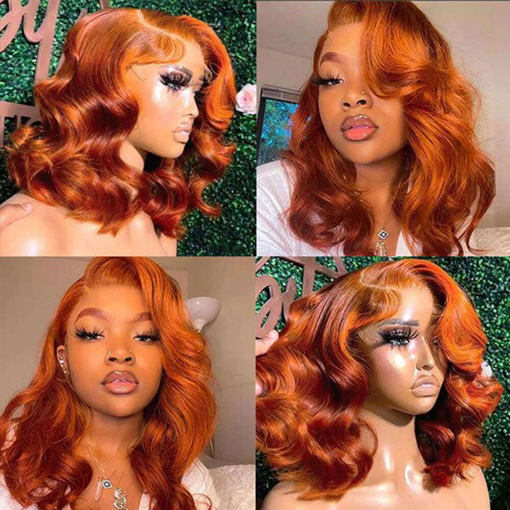 Short Bob Wig Ginger Orange Body Wave 13X4 Lace Closure Human Wigs With Baby Hair #350 For Women 16