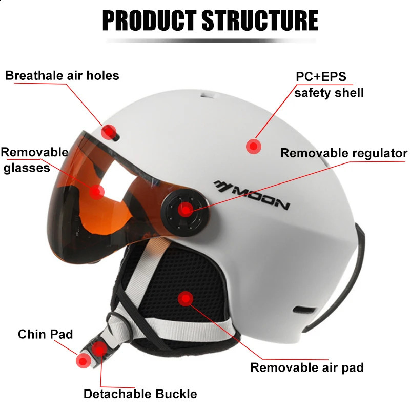 MOON Goggles Skiing Helmet IntegrallyMolded PCEPS HighQuality Ski Outdoor Adult Sport Snowboard Skateboard Helmets 240910