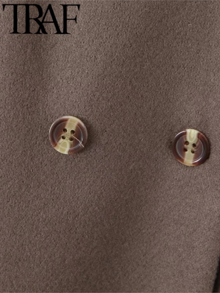 TRAF GAL Winter Elegant Women Trench Coat Long Sleeve Laple Double Breasted Medium Length Overcoat Jacket Woolen Coat 240909