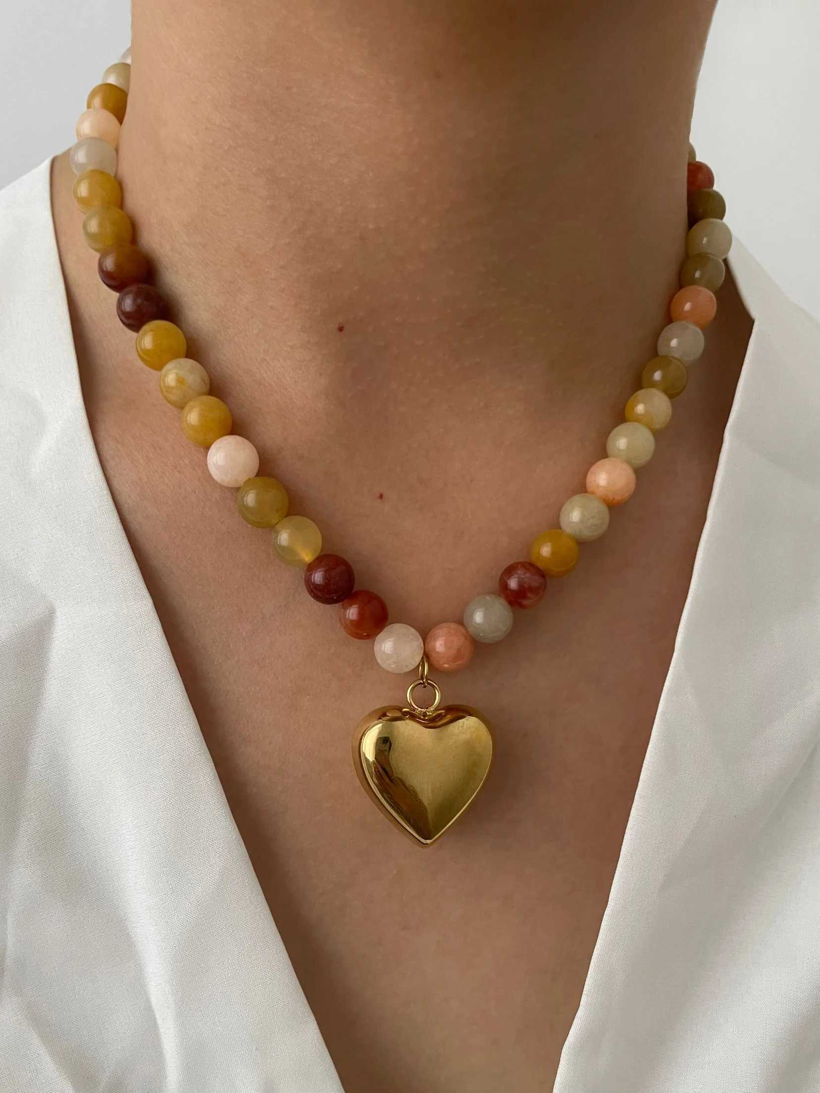 Perisbox Bohemian Multi Color Natural Stone Handmade Bead Chain Waterproof Fashion Gold Plated Heart Pendant Necklace W240918