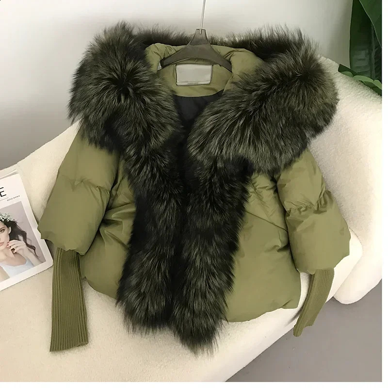 genuine fox fur collar hooded winter jacket for women natural thick and loose oversized duck down coat 240911