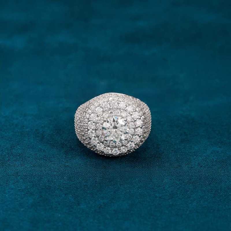 Hip Hop VVS D Color Moissanite Bling Mens Cluster Double Halo Signet Ring With 925 Sterling Silver Pass Diamond Tester GRA A