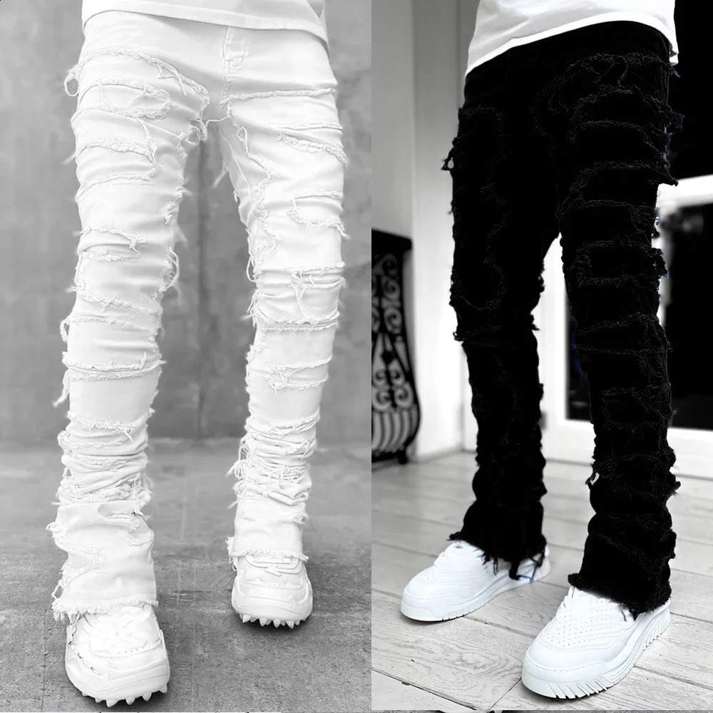 High Street White Mens Stacked Jeans Stretched Patchwork Tassel Damaged Denim Full Length Pants Hip-pop Trousers For Male 240912CJ