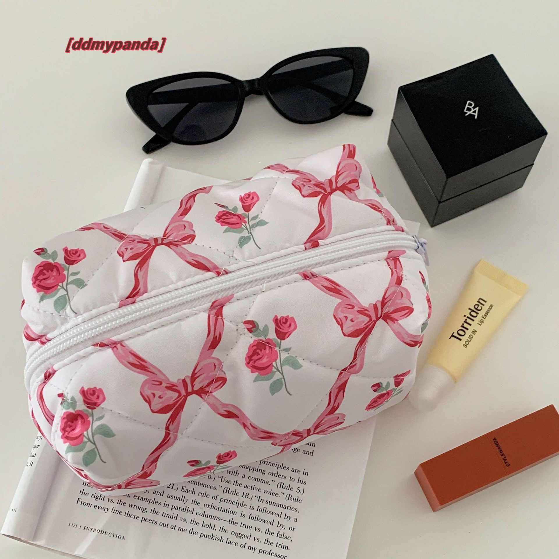 Bow Rose Pattern Women Makeup Pouch Cotton Padded Cute Cosmetic Ladies Travel Storage American Mini Organizer Clutch Bag H7.4#12 ddmypanda